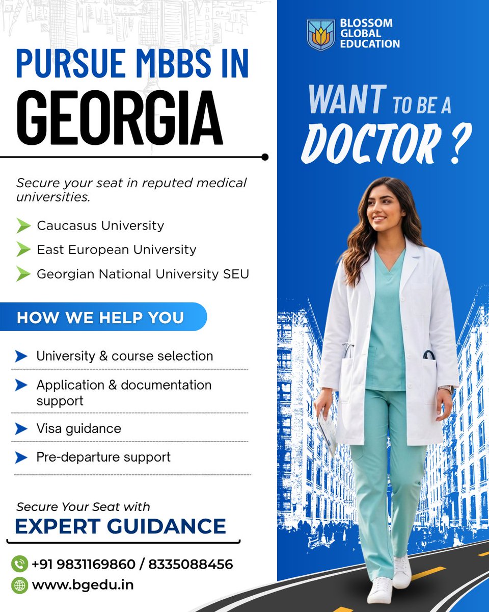 bgeduabroad's tweet photo. Want to be a doctor? 🇬🇪🩺 Pursue MBBS in Georgia!  🎓 University Selection | Admission Support | Documentation | Visa Guidance 
Start your MBBS journey in Georgia with Blossom Global Education 
 #MBBSInGeorgia #GeorgiaMBBS #MBBSAbroad #StudyMedicine #MBBSAdmission2026 https://t.co/5vkiD2b1EV