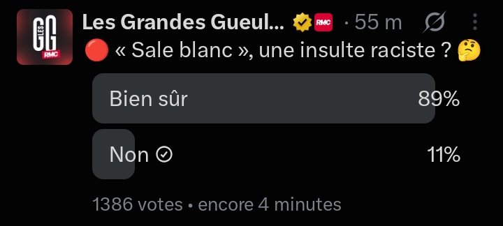 VL_syndicaliste's tweet photo. Maintenant qu'ils se font ratio sous chacun de leurs sondages car ils les laissaient 24h en ligne, ce qui laissait le temps aux gens ne les suivant pas de voter, les Grandes Gueules font des sondages de 1h seulement pour être sûrs que c'est juste leur public qui vote. 🤡🤡 https://t.co/rgVnO5vK3B