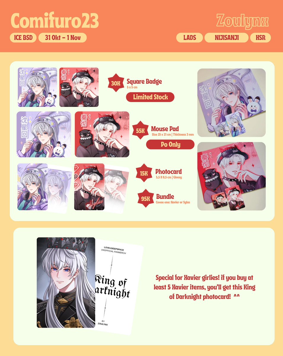 zoulynx's tweet photo. [🔁 and 🩷 TYSM!]

Hi, Zoulynx #CF23 Pre Order + Giveaway is here✨

🗓 PO: 03–10 Sept 2026
💌 Pick-up on both days &amp; mail (via JNE)
🌏 GO are welcome! (pls DM first)

⭐ LADS, Nijisanji, Honkai Star Rail (HSR), &amp; YCH Merch

(1/3) GA &amp; po details⬇️
#comifuro23 #cf23catalogue https://t.co/rfa9EUIxfm