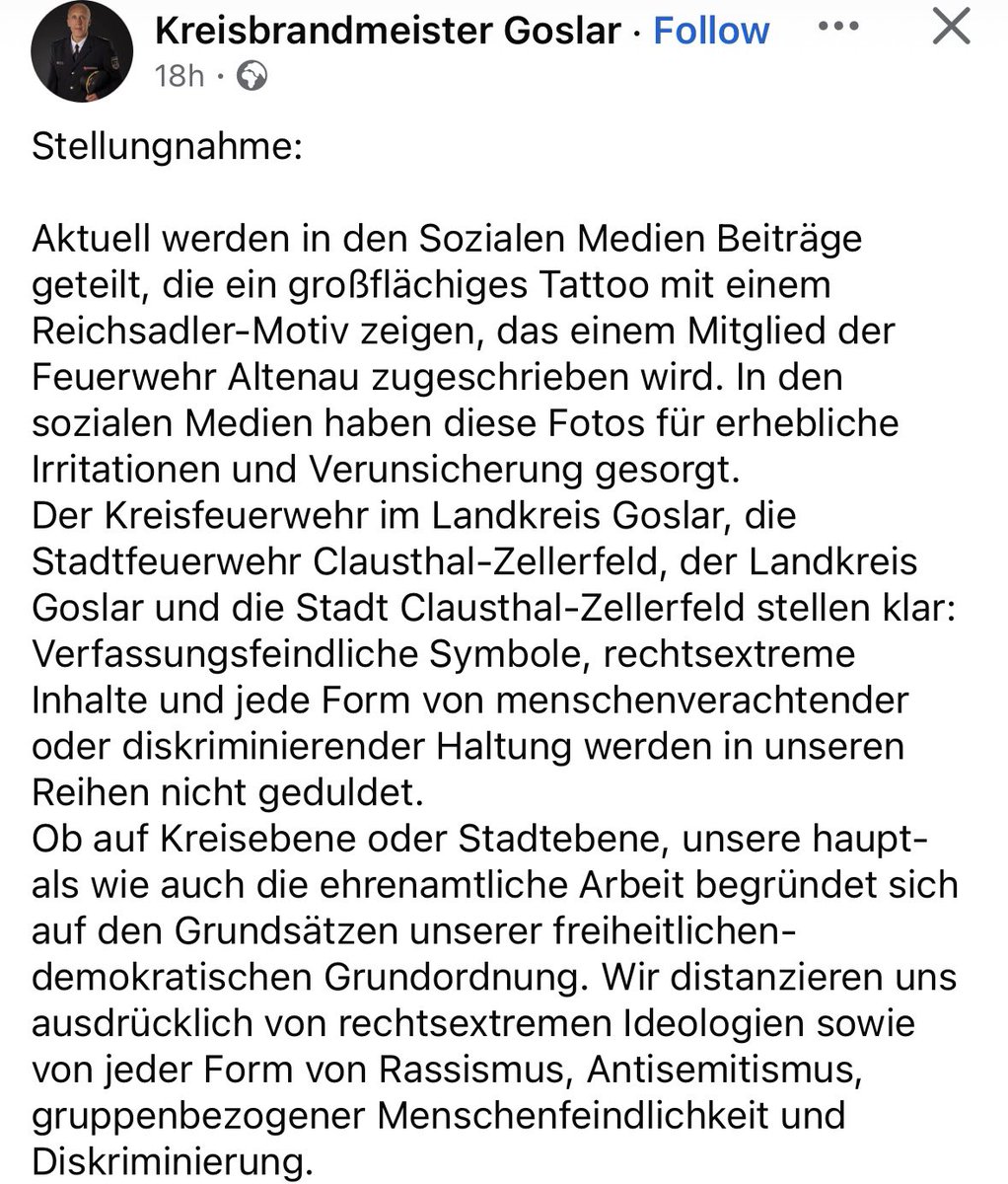 ainyrockstar's tweet photo. In Goslar kümmert man sich derweil um die wirklich wichtigen Themen: Das Reichsadler-Tattoo eines Feuerwehrmanns https://t.co/xjAoi1OQ0K
