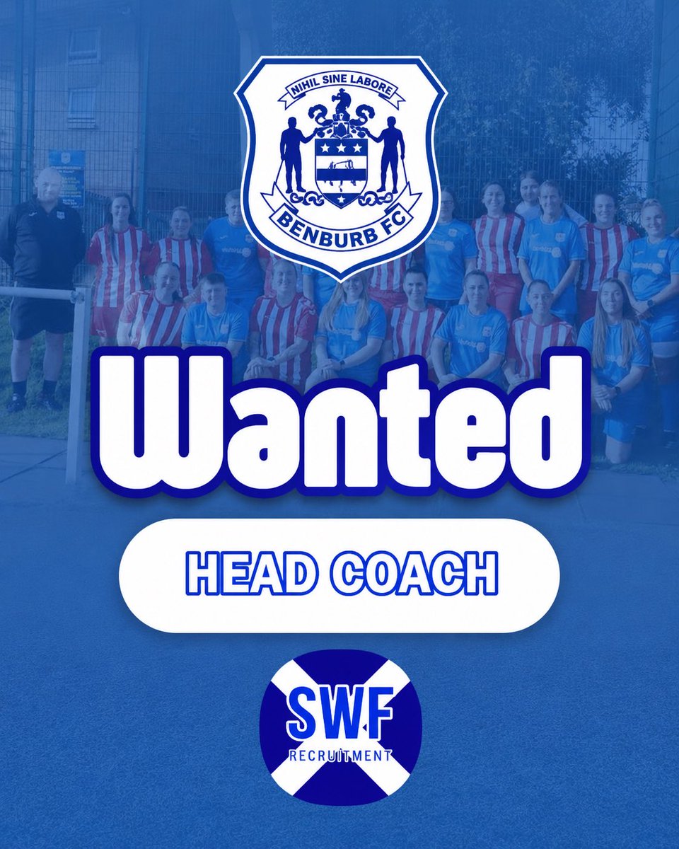 SWFRecruitment's tweet photo. 🚨 HEAD COACH WANTED | BENBURB ⚽

Benburb are looking for a new Head Coach to lead their committed squad into their third season.

Coaching experience and a C Licence are desirable.

📍 New Tinto Park, Govan
📩 Benburbwfc@gmail.com

#SWFRecruitment #WomensFootball @BenburbWfC https://t.co/OlQae55sP5