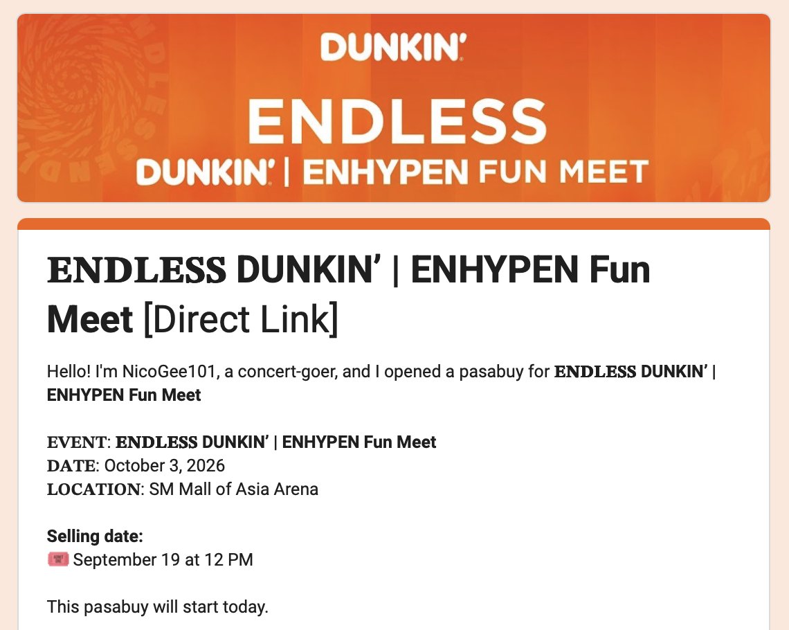 NicoGee101's tweet photo. #DunkinPH_ENDLESS #ENDLESSFunMeet #ENHYPEN
wts lfb tpa ticket htb proxy
📢Now open for 𝐄𝐍𝐃𝐋𝐄𝐒𝐒 DUNKIN’ | ENHYPEN Fun Meet ✨
🎫Ticketing assistance / help to buy / pasabuy / pasabay / pabili (❌No payment required yet):
https://t.co/FlCG5MFWN7
🎫Direct Link / Bypass Link: https://t.co/SeZVNi3cBe
🗓️October 3, 2026
📍SM Mall of Asia Arena
✅Ticket/s will be secured using your own account
💯More than 3,000+ feedbacks and transactions
✍️Submit
