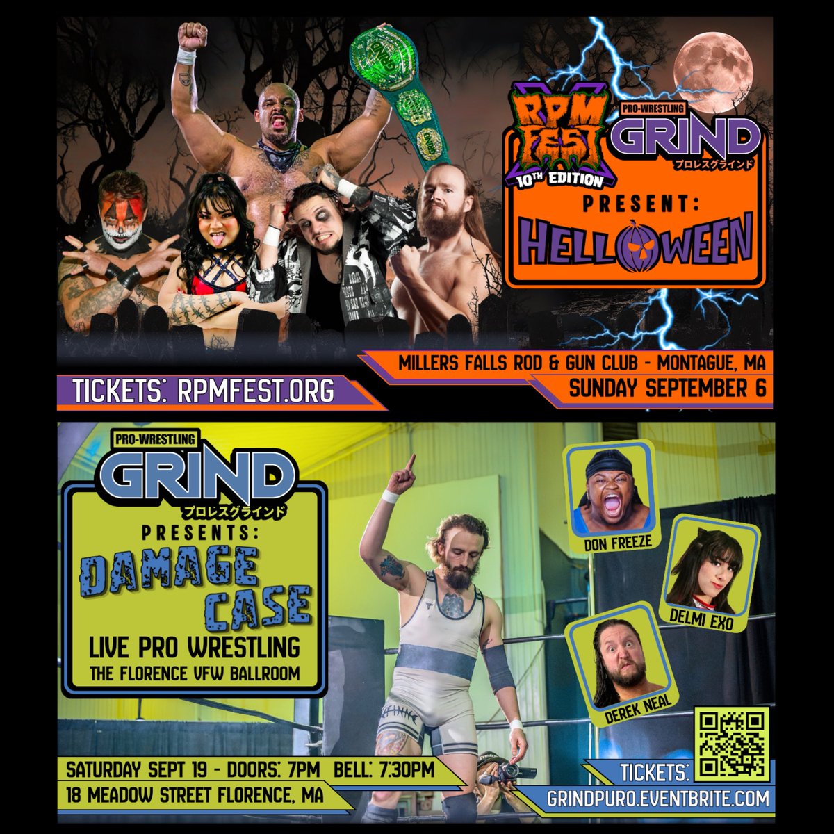 GRINDpuro's tweet photo. Pro Wrestling GRIND is taking over this September!

-RPM Fest #Helloween 
Sunday, Sept 6th | Montague, MA

-VFW Ballroom return #DamageCase
Saturday, Sept 19th | Florence, MA

#GRINDpuro https://t.co/EN9lVtT5zh