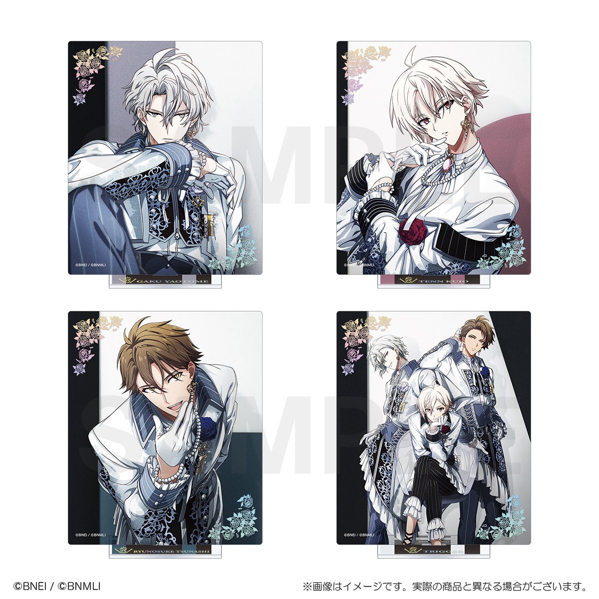 iD7_goods_info's tweet photo. 【商品紹介】
[SYNERGY WITH ～TRIGGER～]
「アクリルスタンド（全4種）」

ソロショットのアクリル背景にはメンバーカラーをプラス。
光り輝く箔押しの薔薇模様がエレガントな雰囲気を演出しています！

#アイナナ https://t.co/3u93ybbKU6