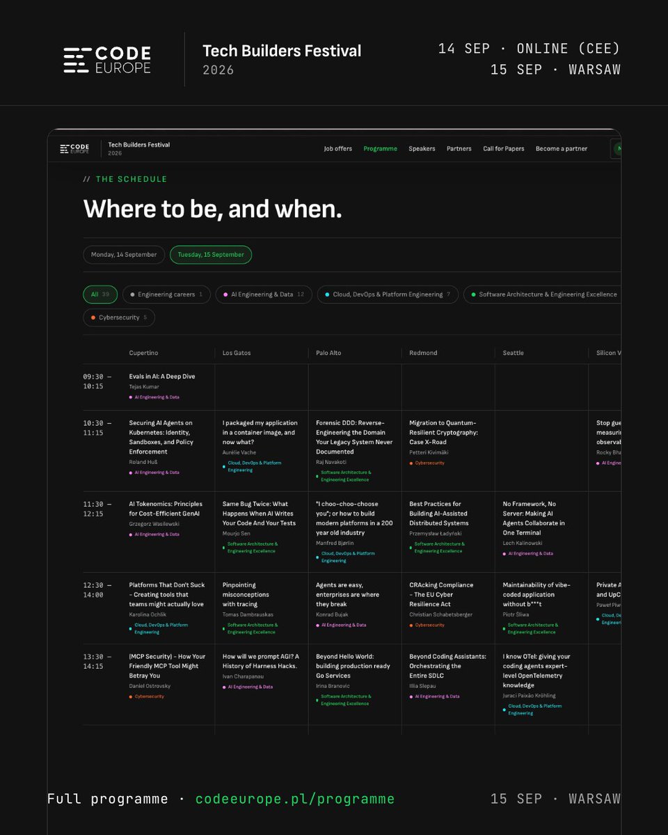 code_europe's tweet photo. The @code_europe  2026 schedule is out, and it hits hard. We're not done adding talks... https://t.co/lsCNqIs1aF

14 September · Online · 15 September · Warsaw https://t.co/8Jzb8N1UdZ