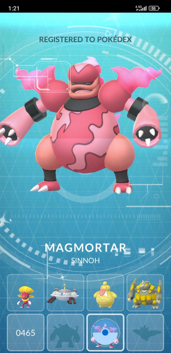Pokemon_iran's tweet photo. A sinnoh stone from battle league 
And now : new shiny arrived ✨😎
#Shiny #Magmortar 
#PokémonGO 
#ShinyPokemon https://t.co/2HowhFHj4M