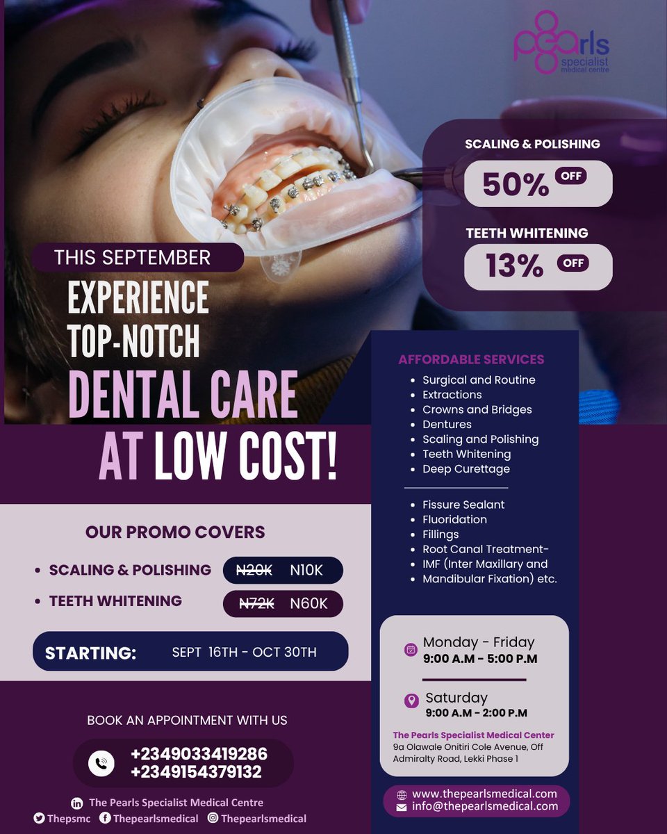 thePSMC's tweet photo. Enjoy our September Dental Promo:

Scaling &amp; Polishing — ₦10,000
Teeth Whitening — ₦60,000

📅 September 16th to October 30th, 2026

👉 Registration is open. Register now!
https://t.co/p253GfaI0G

Call us for more info
09033419286
09154379132

#SeptemberDentalPromo #thepsmc https://t.co/EgjwEgMqZI