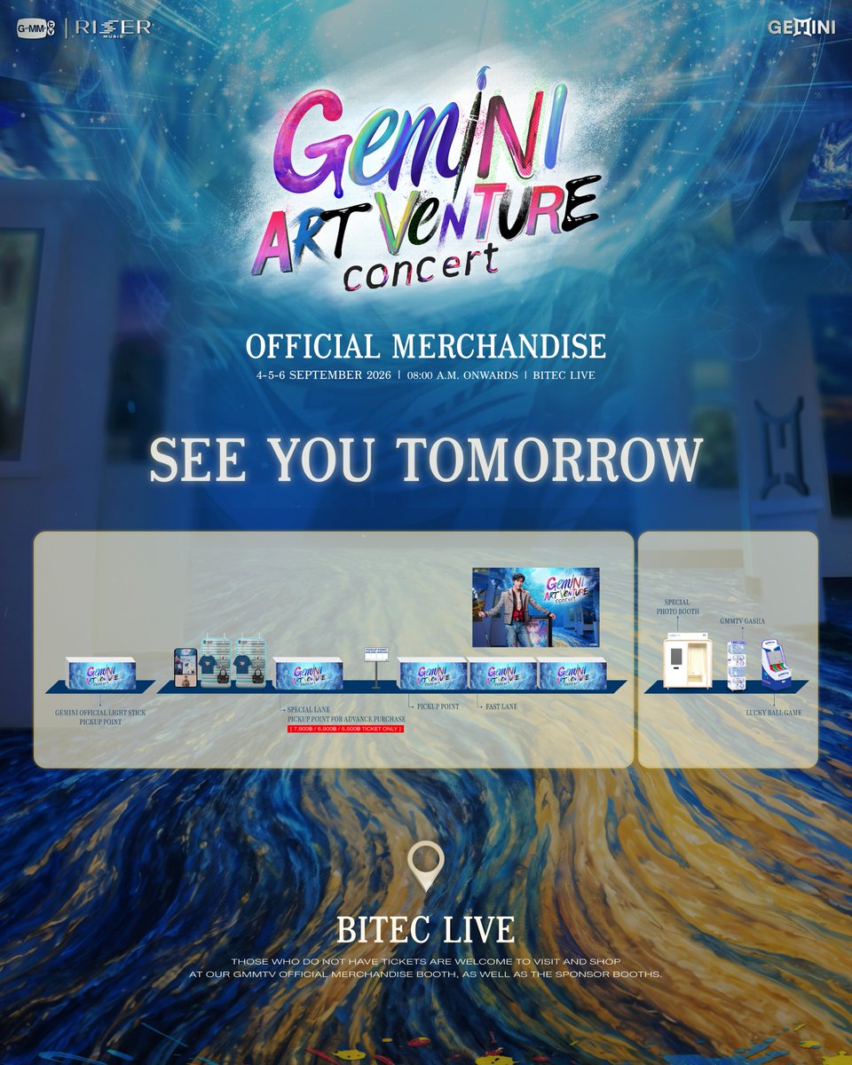 GmmtvShop's tweet photo. พรุ่งนี้! เตรียมพบกับ Official Merchandise สุดน่ารักในงาน GEMINI ART-VENTURE CONCERT

Tomorrow! Get ready for the cute official merchandise at the GEMINI ART-VENTURE CONCERT.

GMMTV OFFICIAL MERCHANDISE BOOTH
4-5-6 SEPTEMBER 2026
08:00 AM onwards
BITEC LIVE

#GeminiConcert
#GMMTV https://t.co/nxhOKZnSly