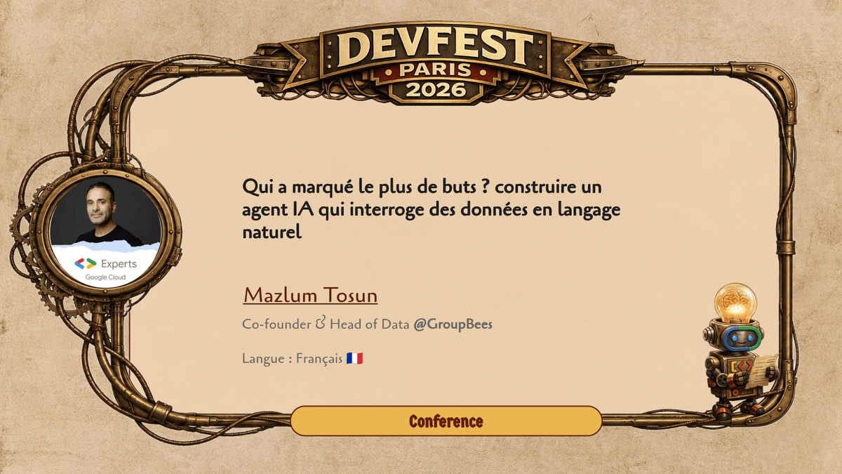 devfestparis's tweet photo. ⚽ Un agent qui répond en langage naturel, génère son SQL et trace ses graphiques. Mazlum Tosun le construit de bout en bout avec ADK, BigQuery via MCP et Cloud Run.
📅 27 nov – DevFest Paris
🗣️ Langue : 🇫🇷
🎟️ https://t.co/AFeCHxmbz1
📅 https://t.co/QHKCdvekHp https://t.co/JGfVo3zk5d