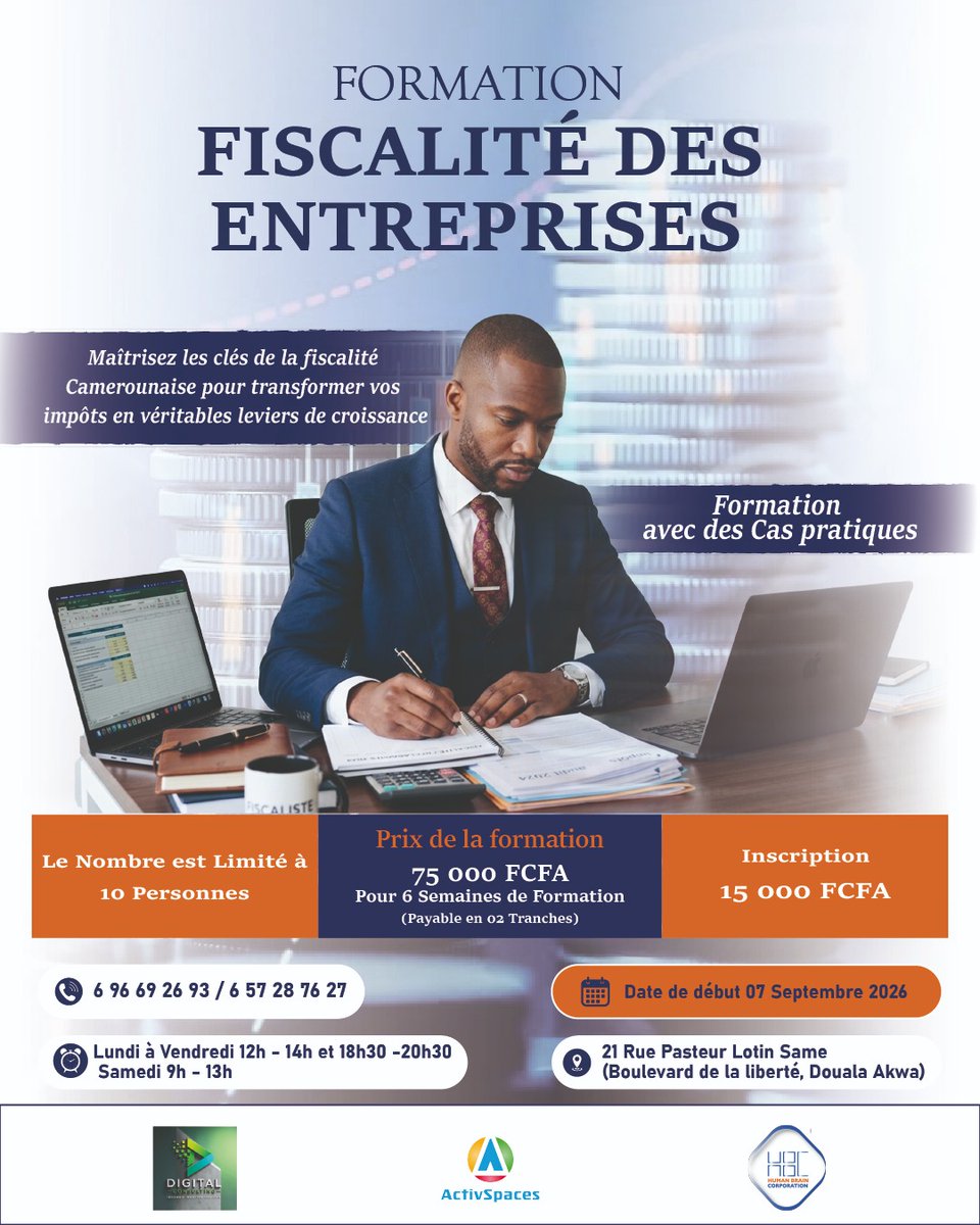 ActivSpaces's tweet photo. Plus que 4 jours !
3 formations pour devenir opérationnel : SAGE SAARI, Paie, Fiscalité.
🔥 10 places/formation seulement.
📍 Douala-Akwa | Dès le 7/09
👉https://t.co/GYSrBFPY9a 
📞 6 57 28 76 27 / 6 96 69 26 93 https://t.co/mIsEAEZMoW