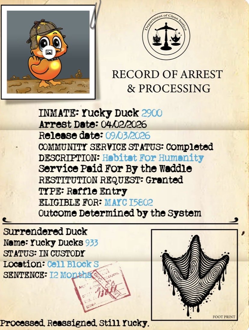 Annatechnft's tweet photo. Duck #2900 is now in custody for 12 months @yuckyducks 
My Community Service: @Habitat_org (paid for by The Waddle)
Restitution: Raffle ticket for MAYC #15802
The Sheriffs tried to clean me up... but it didn't work.
I'm still Yucky.
#YuckJail
RECORD OF ARREST https://t.co/aK3pWJdduk