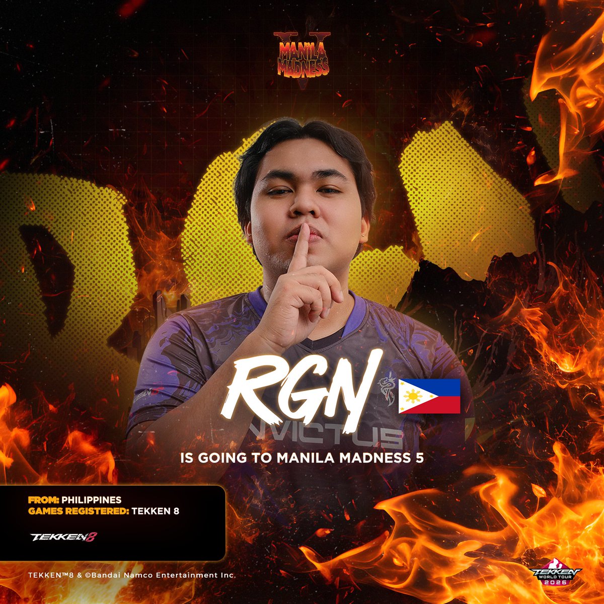 ManilaMadnessPH's tweet photo. MM5: RGN IS GOING TO MANILA MADNESS 5! 🔥

One of the Philippines' Strongest Tekken Players, RGN, is ready to defend the land.

Sign up to help us #defendtheland

🗓 Date: September 19 - 20, 2026
📍 Venue: The Filinvest Tent, Alabang

#ManilaMadness5 #Tekken8 #Tekken https://t.co/Rtt6bbckjw