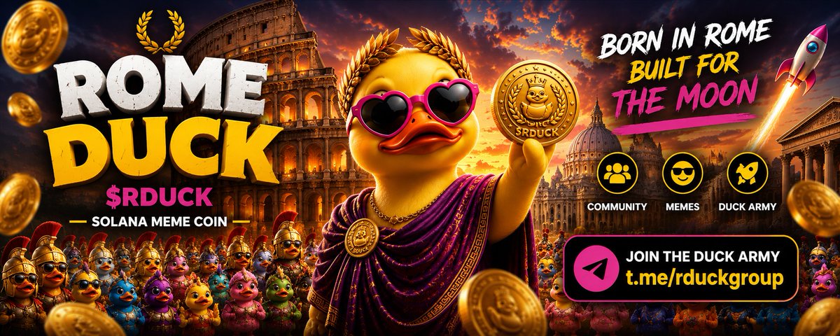 RomeDuck's tweet photo. 🦆 ROME DUCK HAS LANDED.

Born in Rome. Built for the moon. 🚀

$RDUCK is a Solana meme coin focused on community, memes and building the Duck Army.

🇮🇹 Rome vibes
🦆 Strong community
🚀 Big ambitions
Join the flock 👇
https://t.co/8QTemuNK06
$RDUCK #Solana #Memecoin #Crypto https://t.co/mpr1Mt4QLf