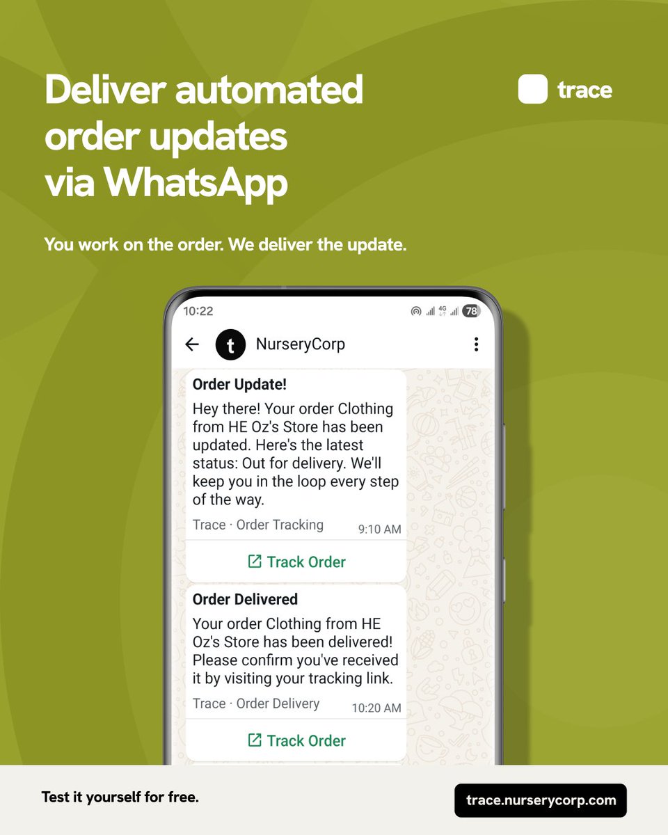 TracebyNC's tweet photo. Trace does ONE major thing and it does it excellently well: deliver order updates to your customers via WhatsApp.

You already chat with customers the way you prefer, sell and collect payments through methods you already use and trust. Now, use Trace to give them order updates. https://t.co/orjp9VJtYY
