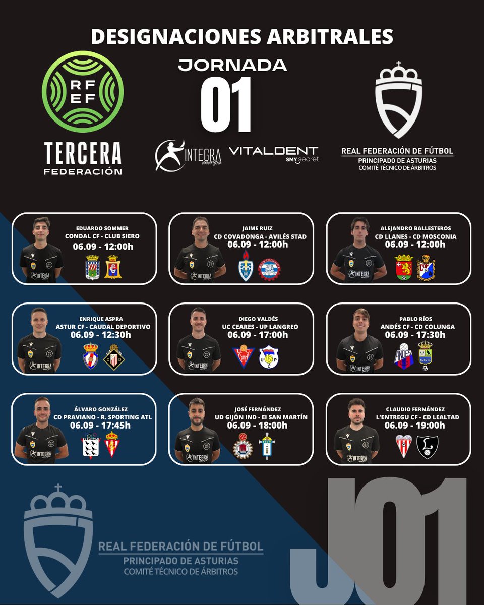 asturfutbol's tweet photo. 🟨🟥 Designaciones arbitrales del CTA de la @asturfutbol para la Jornada 01 en 3ª RFEF (Grupo II) https://t.co/DeGXGUhmzs