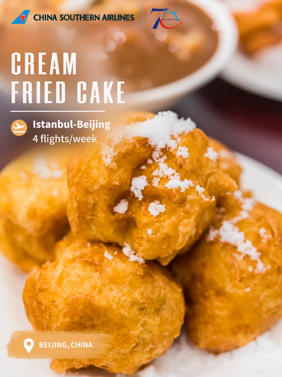 CSAIRGlobal's tweet photo. Golden, puffy and dusted with white sugar, Cream Fried Cake is a beloved Beijing street snack. Crispy outside, cloud-soft inside, with a rich milky aroma in every bite. Fly with China Southern Airlines from Istanbul to Beijing and taste it for yourself.☁️
https://t.co/DCvVqpPEnv
✈CZ679/80 Istanbul=Beijing: 4 flights per week
 
#TravelWithCSAir #CSAirRoute