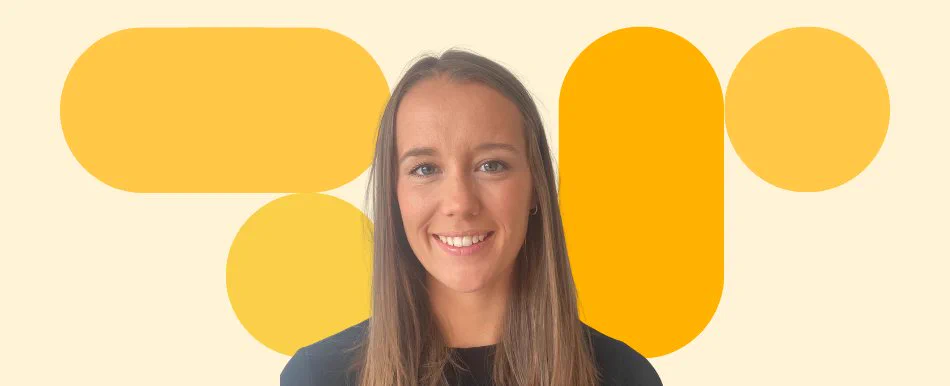 Headshot of Gemma Richards, Data Engineer, against a yellow background.