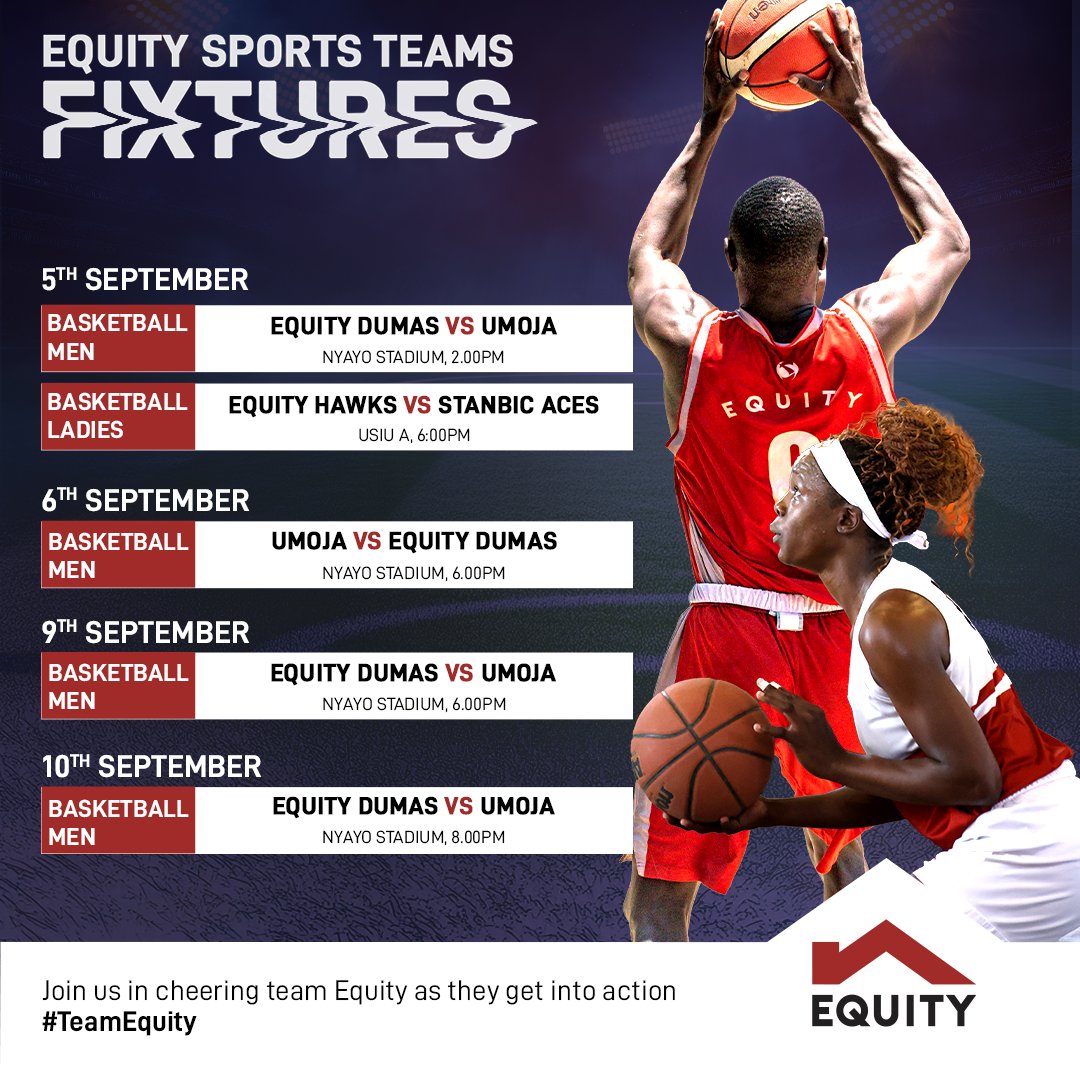 KeEquityBank's tweet photo. The court is calling, and Team Equity is ready to answer!
From Dumas to Hawks, the teams are stepping up for some serious action. Mark your calendars, show up, make some noise, and let’s rally behind our teams!
One team. One spirit. One mission.
#TeamEquity https://t.co/lxWAsV0skH