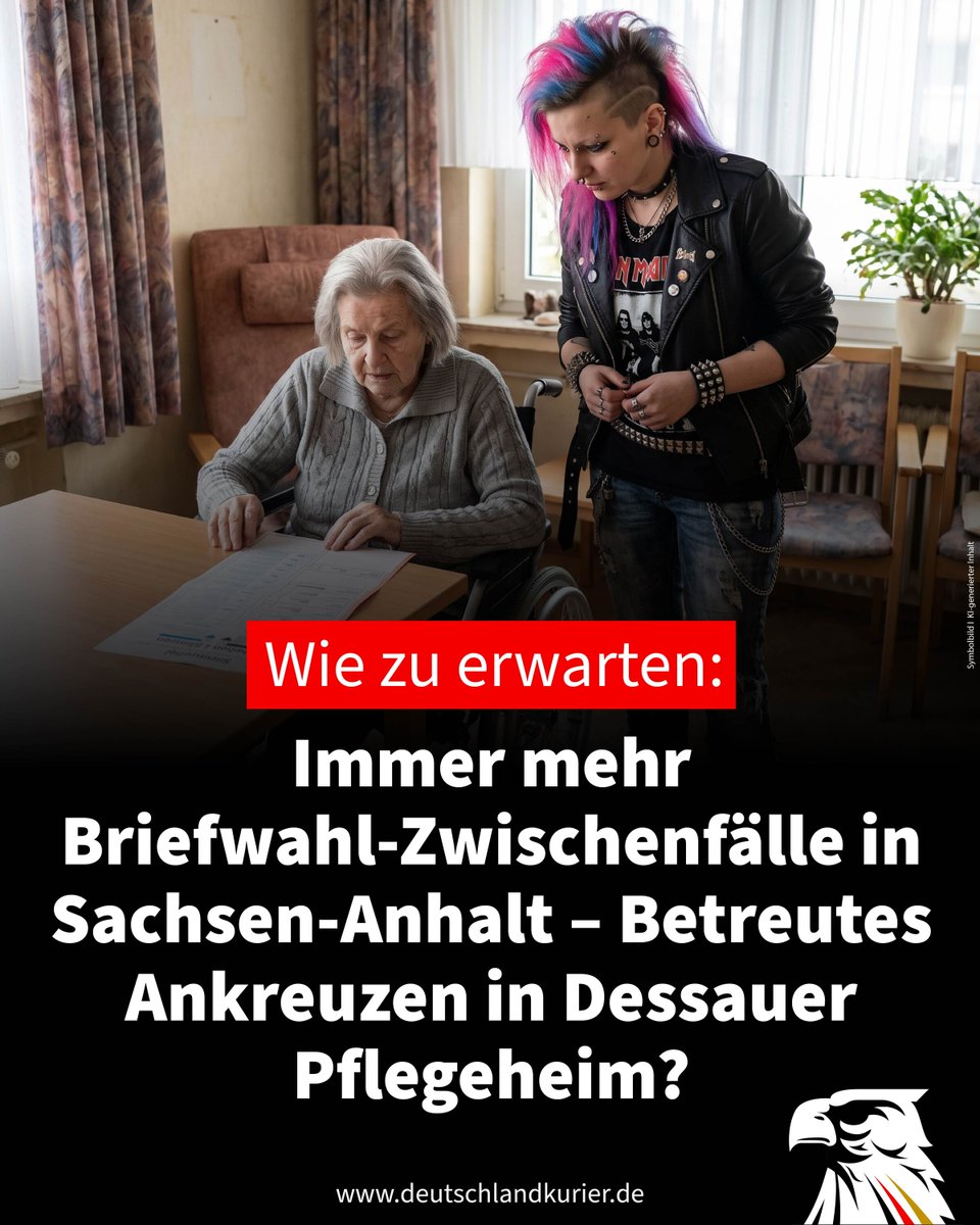 Deu_Kurier's tweet photo. Wie zu erwarten: Immer mehr Briefwahl-Zwischenfälle in Sachsen-Anhalt – Betreutes Ankreuzen in Dessauer Pflegeheim?

Genau davor hat die @AfD immer und immer wieder gewarnt: In Sachsen-Anhalt häufen sich laut Medienberichten die Hinweise auf Unregelmäßigkeiten bei der Briefwahl.

Der bislang gravierendste Fall ist ein offenbar betreutes Ankreuzen in einem Pflegeheim in Dessau. Es läuft bereits eine Strafanzeige wegen Wahlbetrugs!

Wie die „Welt“ berichtete, geht es um eine demente 95-jährige Heimbewohnerin. Der Neffe der hochbetagten Seniorin als gesetzlicher Bevollmächtigter wollte sich demnach Ende August im Heim nach den Wahlunterlagen seiner Tante erkundigen.

Eine Mitarbeiterin behauptete zunächst, alle Wahlunterlagen der Bewohner „eingesammelt und geschreddert“ zu haben. Im städtischen Wahlbüro erfuhr der Neffe jedoch, dass für seine Tante bereits am 10. August Briefwahlunterlagen beantragt wurden und die Stimme bereits offiziell abgegeben wurde. Ihm sei der Antrag mit einer „sehr krakeligen Unterschrift“ vorgelegt worden.

Der Neffe hat wegen des Verdachts auf Wahlfälschung Strafanzeige gegen Unbekannt gestellt. Die zuständige Stadtverwaltung bestätigte, dass ihr der Vorfall bekannt sei. Die Heimleitung lehnte eine Stellungnahme ab.

In Halle und Magdeburg erhielten hunderte Bürger ihre Briefwahlunterlagen doppelt. In Halle wurden 1.184 Briefwahlunterlagen aufgrund eines angeblichen Fehlers bei einem externen Dienstleister doppelt gedruckt und verschickt. In der Landeshauptstadt erhielten 440 Wahlberechtigte ihre Unterlagen „irrtümlich“ zweifach.