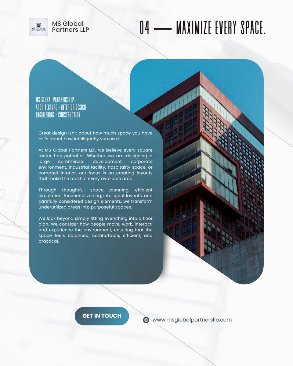 msglobal_llp's tweet photo. At MS Global Partners LLP, we transform every square meter into a functional, efficient, and purposeful environment—from expansive developments to compact interiors.

✨ Smart planning. Better spaces. Greater possibilities.

#MSGlobalPartners #Architecture #InteriorDesign https://t.co/IGG4WTDafv