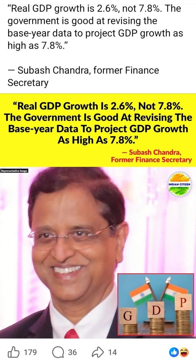 gypsygalexy's tweet photo. #India 's 🇮🇳 former finance secretary #SubashChandra busted Indian Government 's new #GDP growth numbers:
“Real GDP growth is 2.6%, not 7.8%. The government is good at revising the base-year data to project GDP growth as high as 7.8%.” https://t.co/11sV17Mjiw
