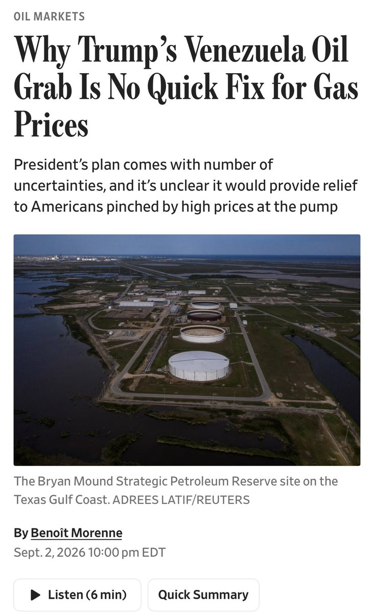 aroliveros's tweet photo. Hoy en el @WSJ: el petróleo venezolano no representa una solución rápida para bajar el precio de la gasolina en Estados Unidos. Aumentar significativamente la producción venezolana requiere inversiones multimillonarias y años de trabajo.

Para Washington, el acuerdo puede tener valor estratégico y energético en el largo plazo, pero venderlo como una respuesta inmediata para el consumidor estadounidense es otra cosa. Las reservas son enormes; la capacidad de llevarlas rápidamente al mercado, no.