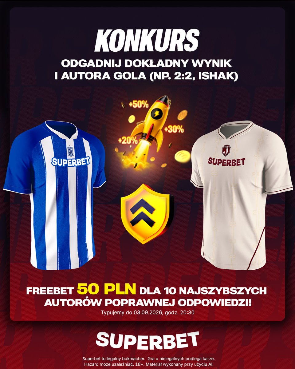 SuperbetPL's tweet photo. #KONKURS! Wytypuj w odpowiedziach dokładny wynik oraz autora gola ⚽️ w meczu Lech - Jagiellonia i zgarnij freebet! #LPOJAG
-- 
✅ Zaobserwuj @SuperbetPL
❤️ Polub wpis i 🔄 podaj go dalej 
👤 Dodaj nick z Superbet 
🎁 Nagroda = FREEBET 50 PLN
Regulamin: https://t.co/waaeG4Pxh3

Bierzemy pod uwagę regulaminowy czas gry.