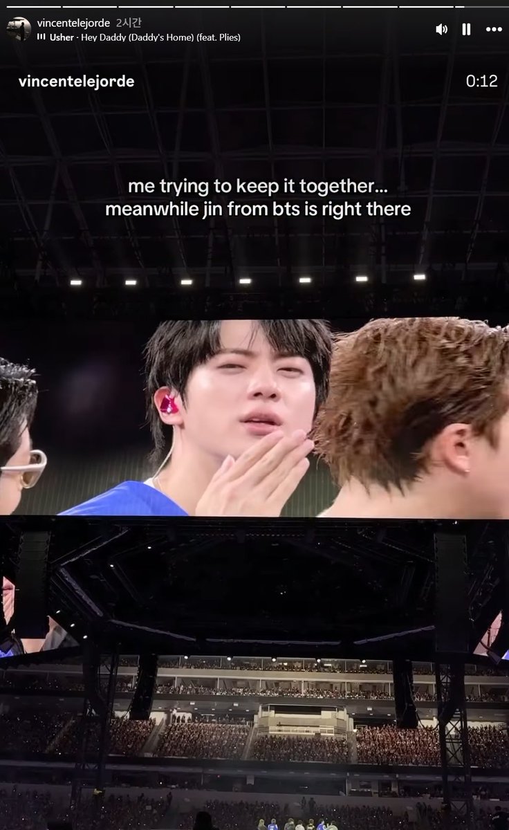 nightstar1201's tweet photo. [vincentelejorde instagram] 260903 
🧘‍♂️Who's going tonight?
🧘‍♂️our view from the ALO suite
🧘‍♂️pov: you thought you'd be normal when you saw BTS 
🧘‍♂️The best time with the alo team! 
🧘‍♂️me trying to keep it together... meanwhile jin from BTS is right there

👼ALO’s Lead Content Creator Vincent Elejorde attended BTS Tour with Wotteo in LOS ANGELES! 
#JinxAlo #JIN_IN_LOSANGELES_D2 #JIN @BTS_twt @aloyoga