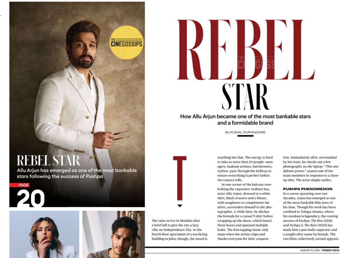 TheCineGossips's tweet photo. REBEL STAR ALLU ARJUN emerged as one of the most bankable stars following the success of Pushpa. 

©️ Published in Forbes India 21st August edition. #AlluArjun https://t.co/DUF8opakz5