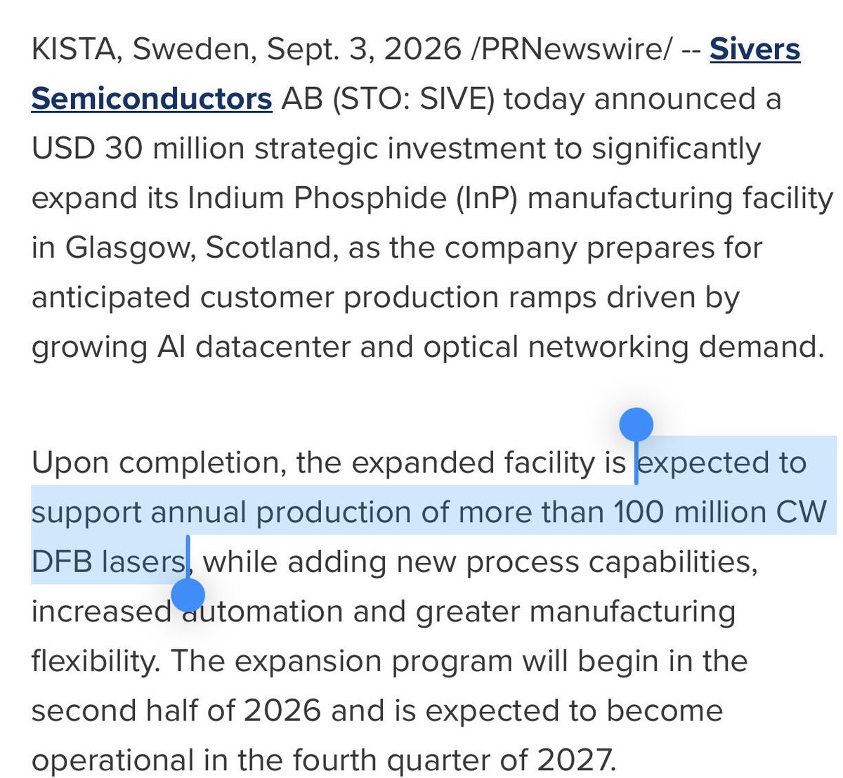 aleabitoreddit's tweet photo. $SIVE announced today that it is expanding InP manufacturing in Glasgow.  

The new capacity target is:

~100 million CW DFB laser annual production.

Using Sivers’ historical $50-$100 per 8-laser array pricing, the implied revenue capacity might be ~$625M-$1.25B/year (not guidance, just illustrative modeling)

I’m personally very surprised by the amount of capacity coming online from their new hybrid manufacturing model, targeted Q4 2027.

Especially during an industry shortage, mentioned by $AVGO earnings call today.