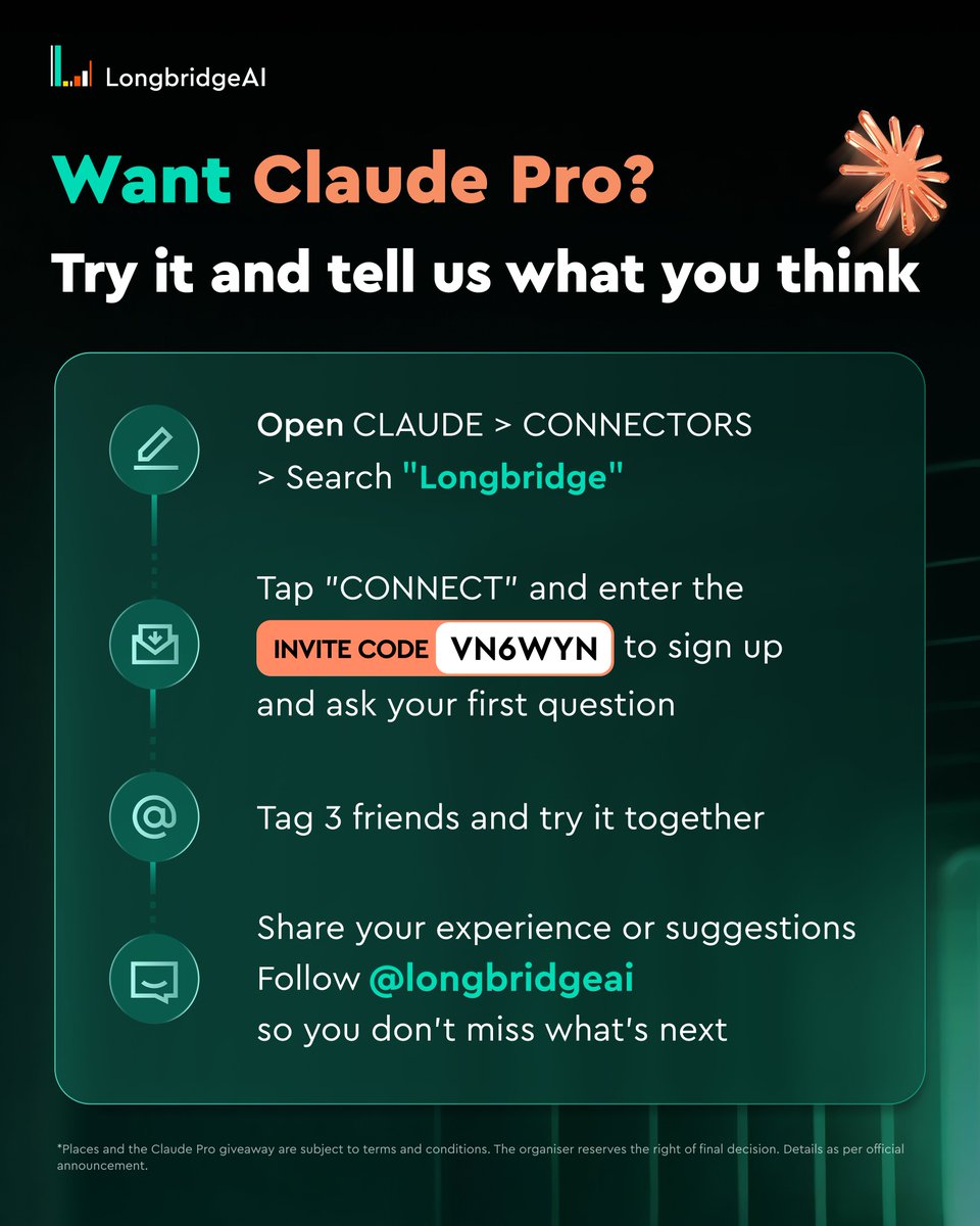 LongbridgeAI's tweet photo. LongbridgeAI now connects to Claude. Put it to the test!  

Ask the questions you want answered. Try it on your own tasks. 

Tell us what works and what doesn’t.  

Selected testers can receive one month of Claude Pro, worth US$20!  

Four award categories, with multiple winners in each 👇 

 🗣️Real Talk Honest, detailed feedback.  
🔥Boldest Take A strong opinion backed by your experience.  
💡Most Creative An unexpected way to use LongbridgeAI.  
❤️Crowd Favourite The feedback with the most community support.  

How to enter 👇 
① Open Claude → Connectors → search for “Longbridge” 
② Click Connect, enter invite code VN6WYN, sign up and ask your first question 
③ Share your feedback 
④ Follow @LongbridgeAI and tag 3 friends  

So is LongbridgeAI any good? Your turn to tell us.  

＊The AI agent you interact with is artificial intelligence, not a real person. AI can make mistakes. Please verify independently. 
＊Value based on Claude Pro's official monthly pricing. ＊This campaign is subject to terms and conditions. Places and selection results are as announced by LongbridgeAI. Claude Pro is provided by a third party, Anthropic; all related brands and trademarks belong to their respective owners and have no affiliation, endorsement, or partnership with Longbridge. 
＊LongbridgeAI content does not constitute any offer, solicitation, recommendation, guarantee, or commitment regarding investment products, decisions, or any other conduct, and should not be treated as professional advice.