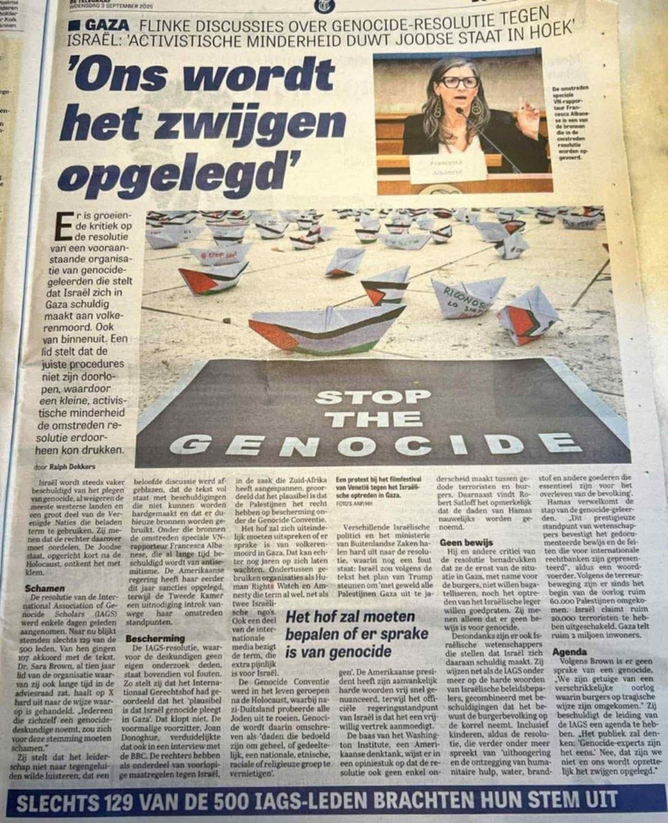 WimdenOudsten's tweet photo. Gisteren verscheen weer eens de beschuldiging dat Israel genocide zou plegen. De NOS kopte dat ‘honderden genocidewetenschappers’ dit hebben ‘geconcludeerd’. Maar de vork zat weer eens volledig anders in de steel:

Bij de International Association of Genocide Scholars zijn zo’n 500 leden aangesloten. Maar slechts 129 stemden over de resolutie. Daarvan was 86% voor. Dat zijn dus géén “honderden wetenschappers”:

Belangrijk detail: je hoeft géén wetenschapper te zijn om lid te worden. Ook studenten, artiesten, activisten of journalisten mogen lid zijn. Hoeveel leden écht genocideonderzoeker zijn? Dat maakt de vereniging niet bekend.

De media koppen: “Honderden genocidewetenschappers concluderen genocide”. Maar dat is misleiding pur sang. Het suggereert een harde wetenschappelijke consensus, terwijl het in werkelijkheid gaat om een kleine groep leden zonder nieuw feitenonderzoek.

Kortom: een eerlijkere kop zou zijn: “Een aantal genocidewetenschappers én activisten heeft zich politiek uitgesproken, zonder de feiten zelf te onderzoeken.”

Tekst CIDI 02-09-2025