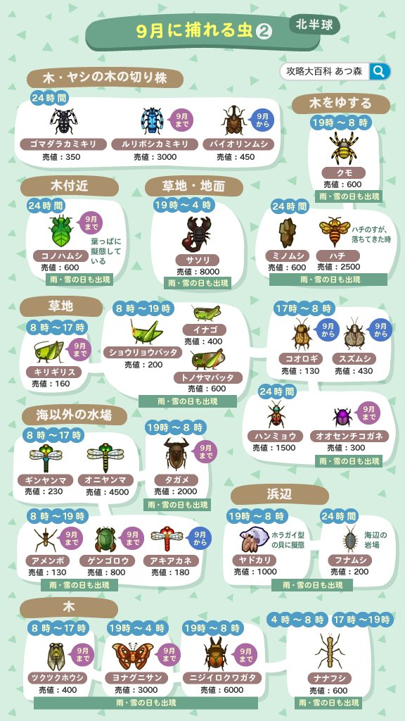 gamepedia_ac's tweet photo. 【9月のムシ一覧】
今月は9種類のムシが新たに出現します。
アレキサンドラトリバネアゲハやニジイロクワガタなど、全部で17種類のムシが今月から出現しなくなるので取り忘れに注意！

09/26はムシとり大会で1.5倍の値段で買い取ってくれるので、今のうちに高額なムシを集めるのもオススメです
#あつ森 https://t.co/k6h1zG9te6