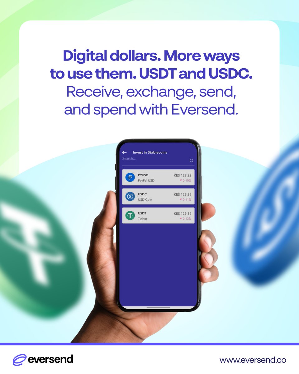 eversendapp's tweet photo. Receive USDT or USDC and put them to practical use 🙌.

Exchange to local currency, send to your bank or mobile money, or load your USD Virtual Card  for online payments 💯. All in one App.

Start today: https://t.co/thXa42Xa2t

#DigitalDollars #Stablecoins #Eversend https://t.co/zQeKCLuhx7