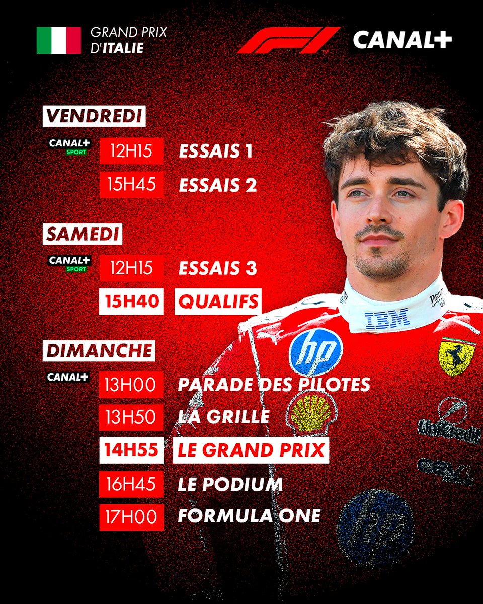 CanalplusF1's tweet photo. Le programme de votre week-end à Monza 🇮🇹😍

#F1 #ItalianGP https://t.co/Axf2go9sjq