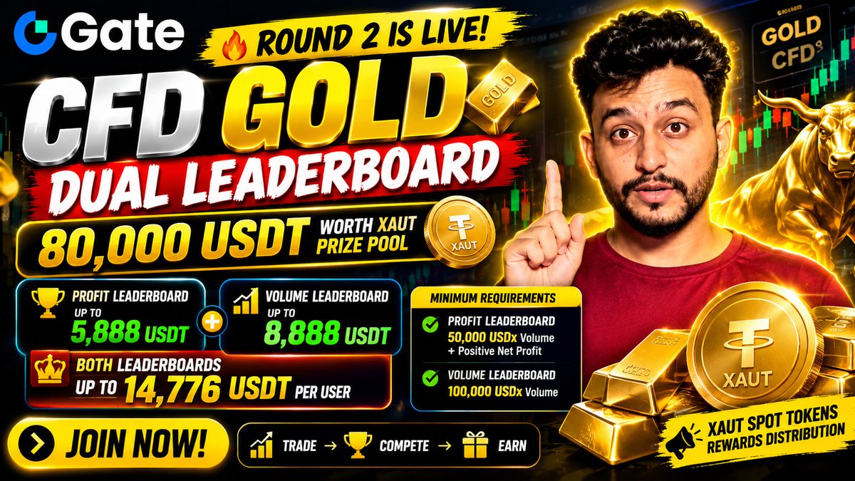 HarryA7H0's tweet photo. 🔥 GATE CFD GOLD DUAL 
Gold/CFD traders ke liye 80,000 USDT worth XAUT prize pool! 💰

👉 JOIN:
https://t.co/JJ1qjsK2lF

🥇 Profit Leaderboard → Up to 5,888 USDT
📊 Trading Volume Leaderboard → Up to 8,888 USDT

 #CFDTrading #TradingCompetition #CryptoRewards  #CryptoPakistan https://t.co/p4ZFWMqT6K