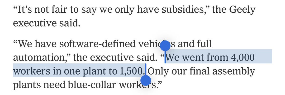 kyleichan's tweet photo. Geely exec says they used automation at one EV plant to reduce workers by over 60%.

This would be much, much harder at many US and German auto plants. https://t.co/wedNXKYpa7