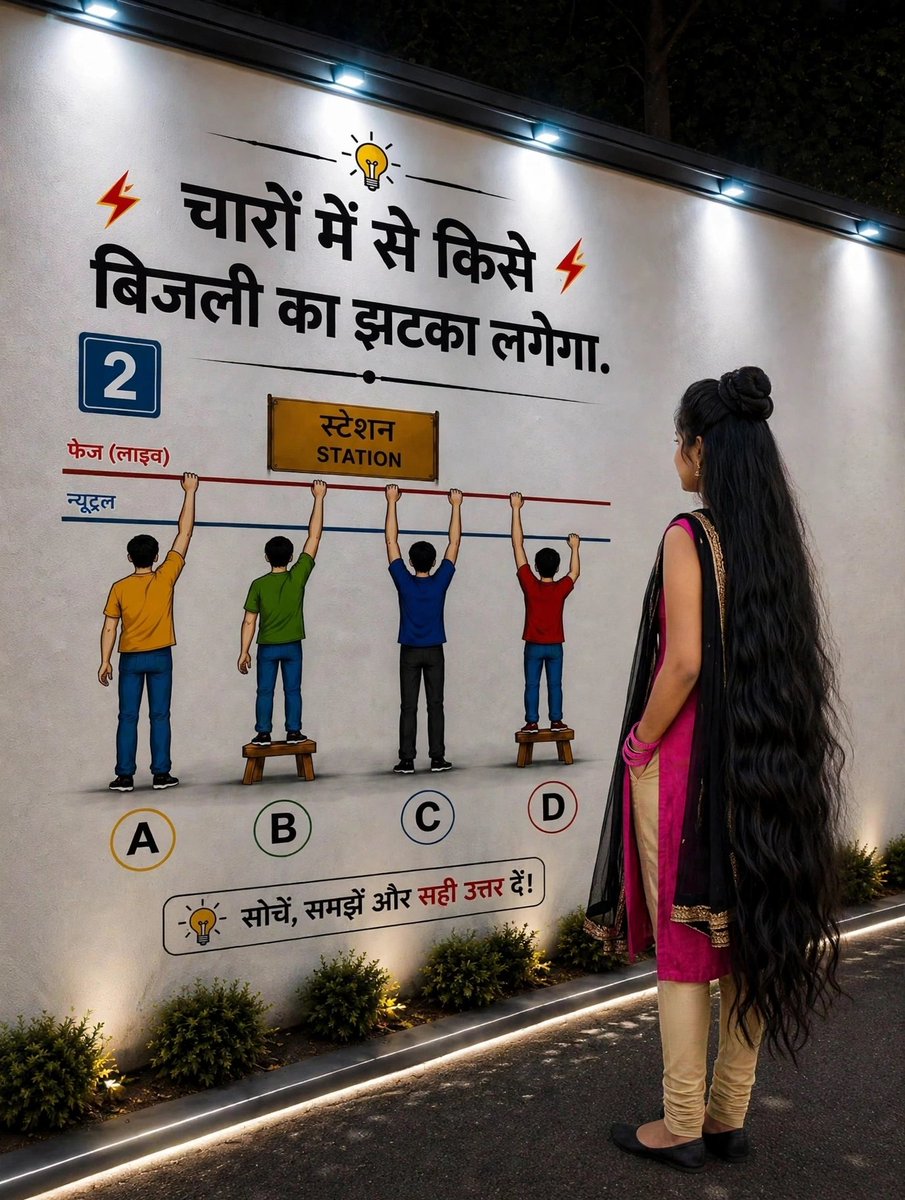 ReddyKriti70747's tweet photo. चारों में से किसे बिजली का झटका लगेगा
 99% लोग गलत जवाब दे रहे हैं 
 सोचो, समझो और सही उत्तर दो 
 A, B, C या D https://t.co/Vyq8il4vBB