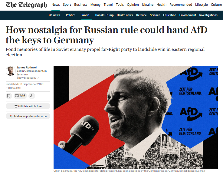 TradBritGroup's tweet photo. All indications are that the Springer-Telegraph is now a mortal foe of those parties who speak about demographic threats. 

With Restore, the framing is around the extreme right and anti-Semitism, with the AfD, it's Putinism and the Russian threat. Ironic, considering the foreign influence on this broadsheet now.

Our national media should be owned and run by British nationals.
