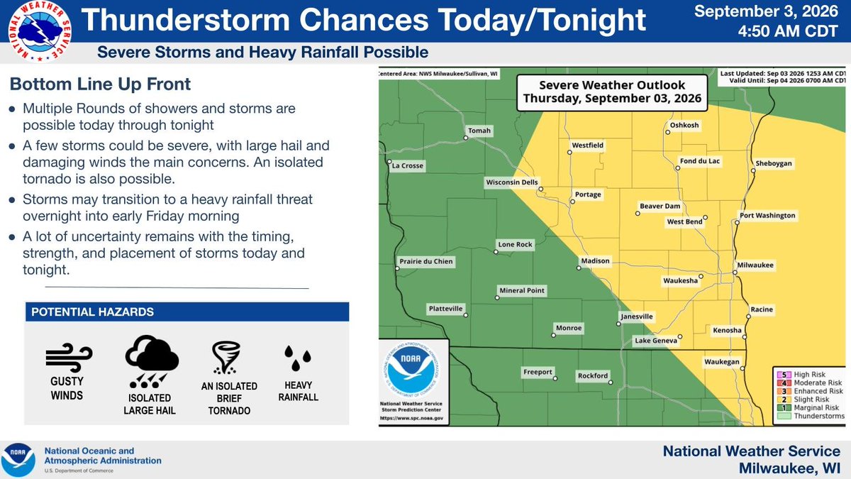 NWSMilwaukee's tweet photo. Showers and storms are possible at times today through tonight. A few storms could be severe, with large hail and damaging winds the main concerns. An isolated tornado is also possible. Storms may transition to a heavy rainfall threat tonight into early Friday. #wiwx https://t.co/W6lTA8o7d1