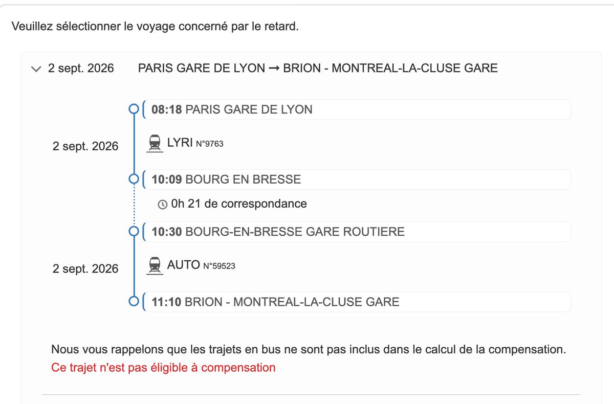 TrqtAlexis's tweet photo. La @SNCFVoyageurs une explication sur pourquoi je ne peux pas déposer une réclamation sur ce trajet malgré 45 min de retard et une correspondance loupée …? 
Merci https://t.co/m6IBy4FIQW