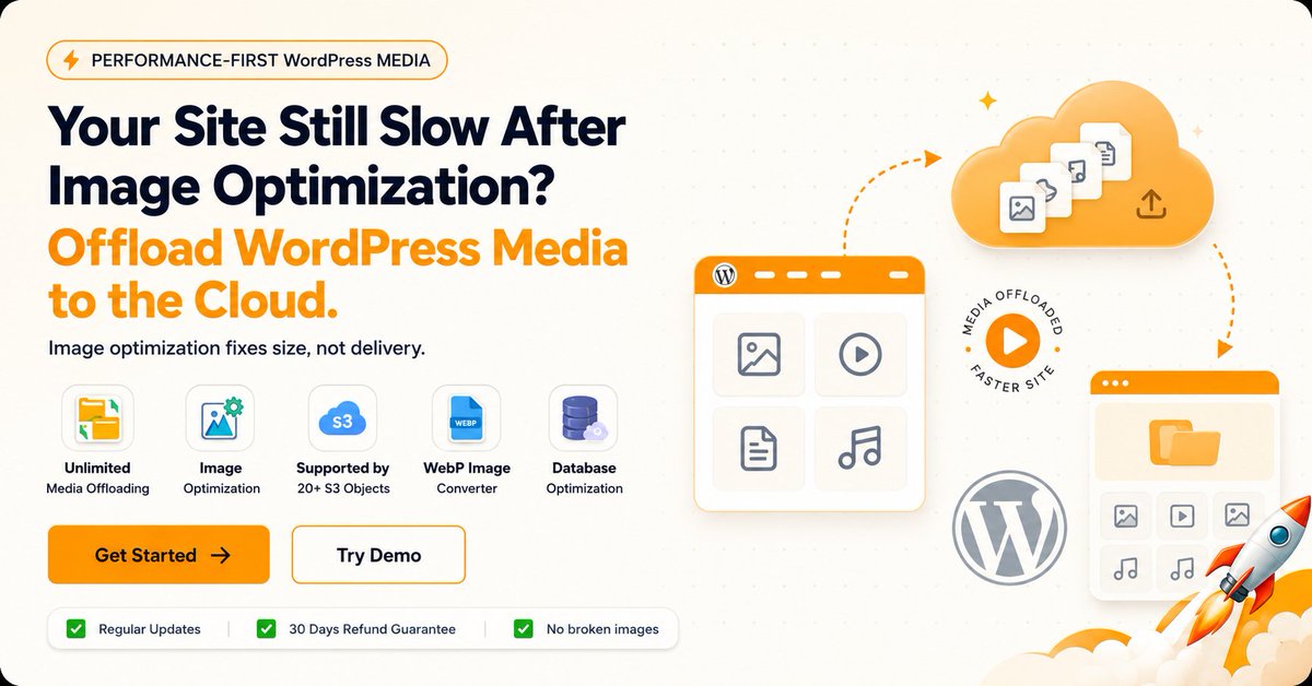 Next3Offload's tweet photo. Images optimized but WordPress still slow? ⚡

Take the next step with WordPress media offloading.
☁️ Cloud storage
🖼️ WebP + image optimization
🌐 20+ S3 providers
🚀 Faster media delivery
🗄️ Database optimization

👉 https://t.co/f836zOivvL

#WordPress #MediaOffload https://t.co/4mXscIRLIG
