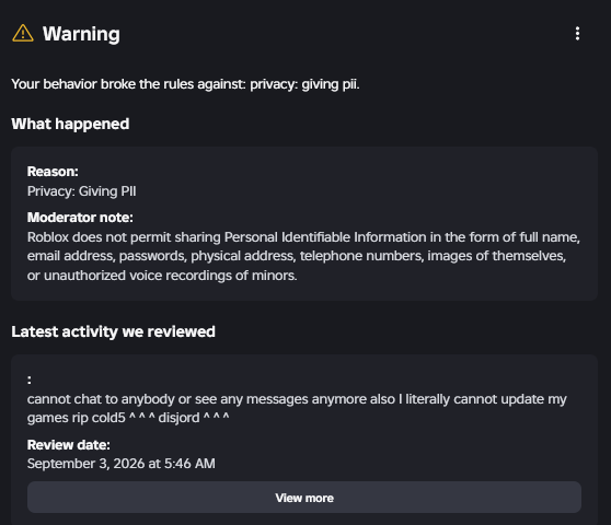 Coldoriss's tweet photo. roblox you literally tagged my bio like ages ago and now you give me a warning huh??? https://t.co/Q1sz60qM3W