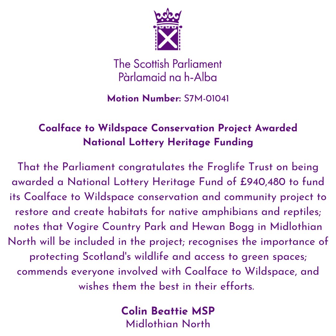 uartlach's tweet photo. 🥳I submitted the below motion to congratulate the Froglife Trust on receiving National Lottery Heritage Funding which will be used to fund a conservation and community project which includes Vogrie Country Park and Hewan Bogg.

Keep up the good work. https://t.co/7eDqeFRdlE