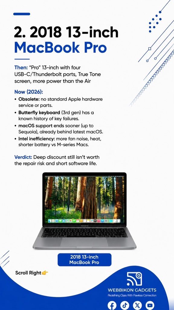 webbikongadgets's tweet photo. 3 MacBooks You MUST Avoid in 2026 (Even Cheap!) 🚫💻
#MacBook2026
#AppleObsolete #Apple
#KabyLake #webbikongadgets https://t.co/upJLOab16U