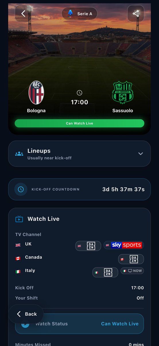 Rotamatch's tweet photo. ⚽ Italian football added to the app 🇮🇹👈🏻

Bologna vs Sassuolo
17:00 • Serie A

Working shifts? RotaMatch shows which matches you can watch live. 📅⚽

Download: https://t.co/CjE1sEmgN5

#BolognaFC #Sassuolo #SerieA #Football #RotaMatch #italia #sport #livefootball #newapp #like https://t.co/VjoXFmBAxN