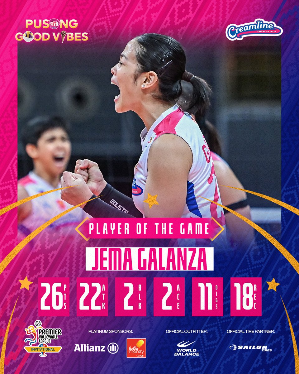 CoolSmashers's tweet photo. JEMA-galing talaga! 💗🏐

Pusong Good Vibes ang ipinakita ni Mareng Jema Galanza sa ating game! ✨

A well-deserved Player of the Game for another solid performance. 🙌💗

#CreamlineCoolSmashers #PVLInvitational #PVL2026 #PusongGoodVibes #CreamlineCreamyIceCream https://t.co/1RN04jzvPl