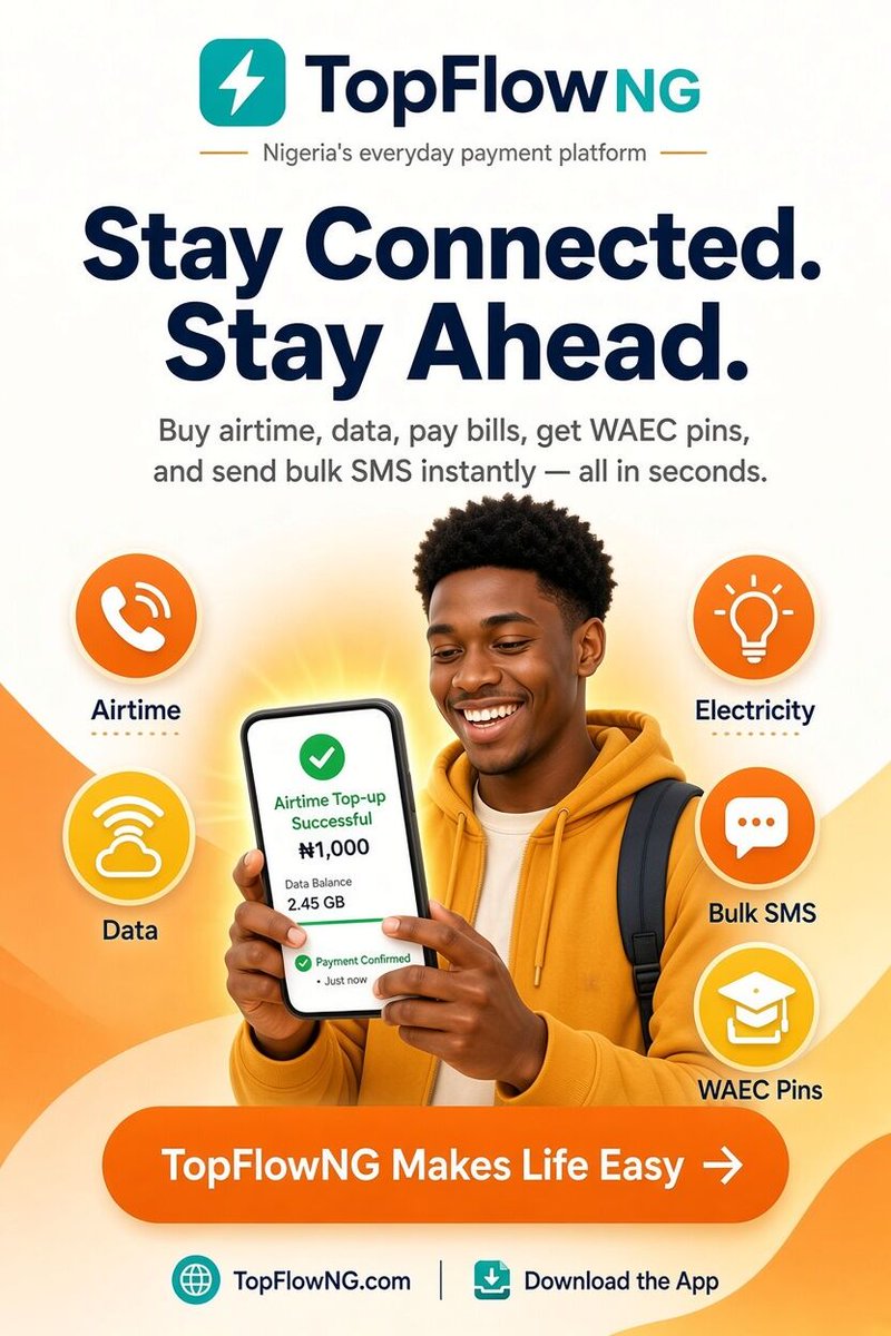 TopflowNG's tweet photo. No stress. No delays. Just pay and move. Airtime, data, bills... done in seconds! TopFlow keeps life moving.
#Airtime #DataBundle #BillPayments #FintechNigeria #TopFlowNG https://t.co/bbqytbf4jM