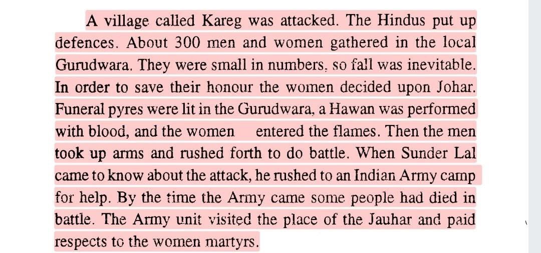 puneet_sahani's tweet photo. 1) Earliest Sikh historical source records:
है कनियन को पंथ प्रताप
कनिया सेवी सतिगुरू आप
Girls have [Khalsa] sect’s splendor/protection,
Our Guru [Gobind Singh] himself served Devi.
Far from reducing her to genitalia [literally ‘aurat’ in Arabic] all Hindu Kshatriyas worship Durga, seek blessings from the Goddess - in their Dharma the feminine serves as the primary manifestation of the unmanifest divine.
2) Jauhars didn’t happen only in middle ages. The fire kept smouldering. Here’s eyewitness account from 20th century near Jhang.