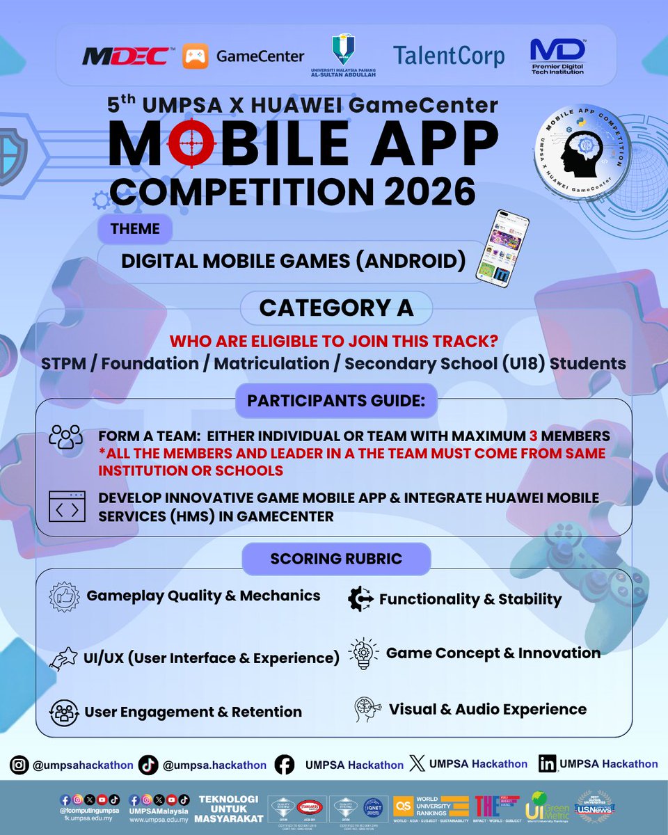 umpsahackathon's tweet photo. 🎮 Ready to build your own game? The official theme for UXHMAC2026 is DIGITAL MOBILE GAMES (Android)!
Whether you're flying solo or squading up, now is your time to turn that idea into a playable reality.
Register now: https://t.co/soEhju4ggc
#mypdti #mdec #TalentCorp https://t.co/Pd6JCLvibt
